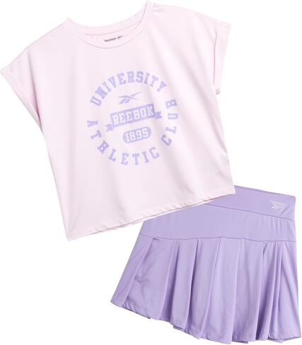 Reebok Girls Skirt Set - 2 Piece Short Sleeve Top and Flowy Tennis Skirt with Shorts Underneath - Girls Athletic Skort Set in Saudi Arabia