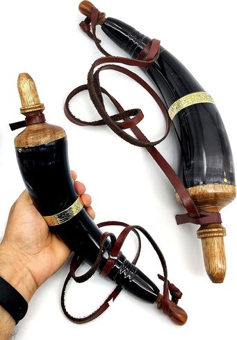 5MoonSun5's Hand Carved Powder Horn with Leather Strap and Brass ring for Civil War Re-Enactment Colonial Black Powder Civil War Repro Revolutionary - Mountain Man in Kuwait