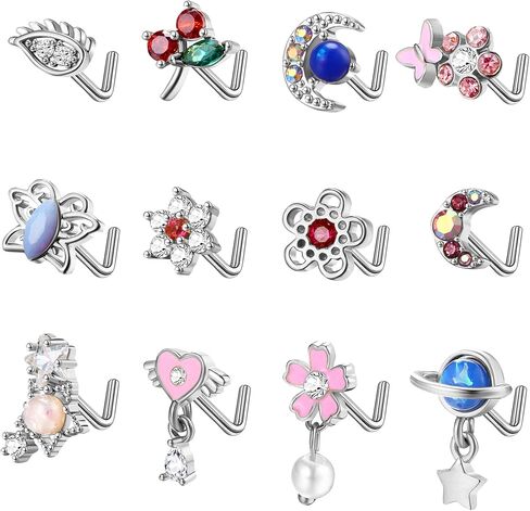Dochais 12 قطعة حلقات الأنف ترصيع الأنف للنساء على شكل حرف L من الفولاذ المقاوم للصدأ مسمار الأنف 20 جرام حلقات الأنف المتدلية فراشة زهرة نجمة القلب تشيكوسلوفاكيا أوبال المتدلية ثقب الأنف المجوهرات in Kuwait