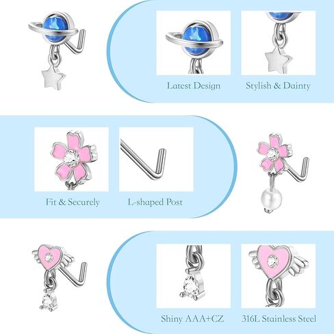 Dochais 12 قطعة حلقات الأنف ترصيع الأنف للنساء على شكل حرف L من الفولاذ المقاوم للصدأ مسمار الأنف 20 جرام حلقات الأنف المتدلية فراشة زهرة نجمة القلب تشيكوسلوفاكيا أوبال المتدلية ثقب الأنف المجوهرات in Kuwait