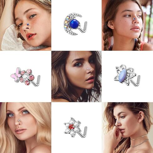 Dochais 12 قطعة حلقات الأنف ترصيع الأنف للنساء على شكل حرف L من الفولاذ المقاوم للصدأ مسمار الأنف 20 جرام حلقات الأنف المتدلية فراشة زهرة نجمة القلب تشيكوسلوفاكيا أوبال المتدلية ثقب الأنف المجوهرات in Kuwait