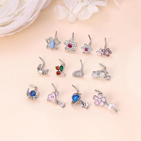 Dochais 12 قطعة حلقات الأنف ترصيع الأنف للنساء على شكل حرف L من الفولاذ المقاوم للصدأ مسمار الأنف 20 جرام حلقات الأنف المتدلية فراشة زهرة نجمة القلب تشيكوسلوفاكيا أوبال المتدلية ثقب الأنف المجوهرات in Kuwait
