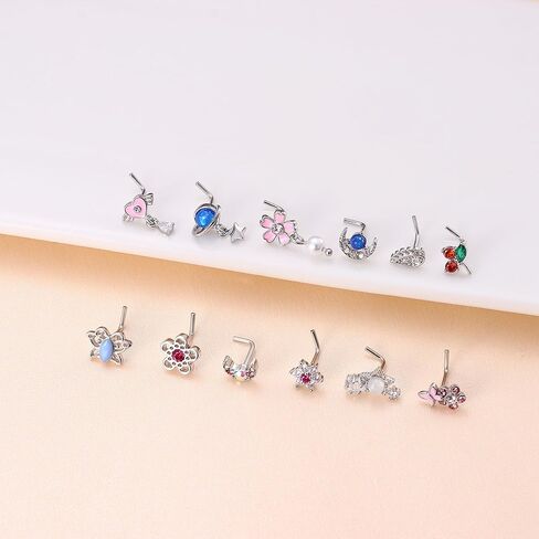 Dochais 12 قطعة حلقات الأنف ترصيع الأنف للنساء على شكل حرف L من الفولاذ المقاوم للصدأ مسمار الأنف 20 جرام حلقات الأنف المتدلية فراشة زهرة نجمة القلب تشيكوسلوفاكيا أوبال المتدلية ثقب الأنف المجوهرات in Kuwait