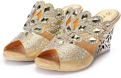 Unicoratha Women's Rhombus Shaped with Crystal Rhinestones Slip on Party Dress Wedge Sandals in Saudi Arabia