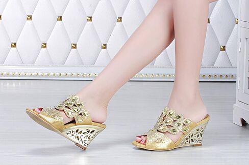 Unicoratha Women's Rhombus Shaped with Crystal Rhinestones Slip on Party Dress Wedge Sandals in Saudi Arabia