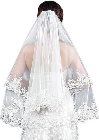 وشاح الزفاف القصير العاجي ذو الطبقتين من أكيينير بطول الخصر من التول الناعم للنساء وشاح الزفاف بحافة دانتيل للعرائس مع مشط معدني وغطاء للرأس للزفاف in Kuwait