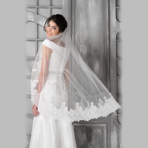 وشاح الزفاف القصير العاجي ذو الطبقتين من أكيينير بطول الخصر من التول الناعم للنساء وشاح الزفاف بحافة دانتيل للعرائس مع مشط معدني وغطاء للرأس للزفاف in Kuwait