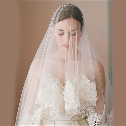 وشاح الزفاف القصير العاجي ذو الطبقتين من أكيينير بطول الخصر من التول الناعم للنساء وشاح الزفاف بحافة دانتيل للعرائس مع مشط معدني وغطاء للرأس للزفاف in Kuwait