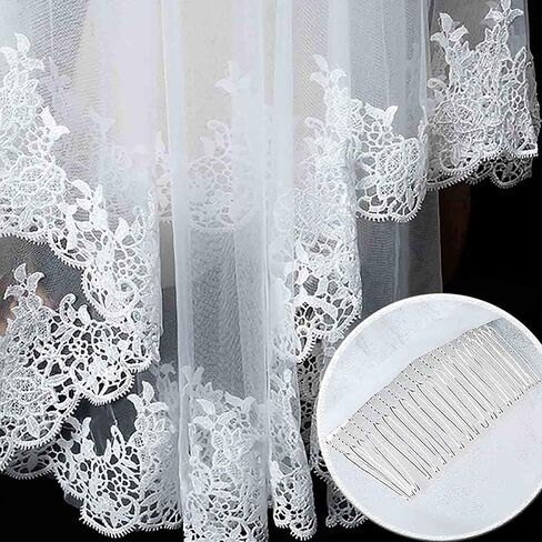 وشاح الزفاف القصير العاجي ذو الطبقتين من أكيينير بطول الخصر من التول الناعم للنساء وشاح الزفاف بحافة دانتيل للعرائس مع مشط معدني وغطاء للرأس للزفاف in Kuwait