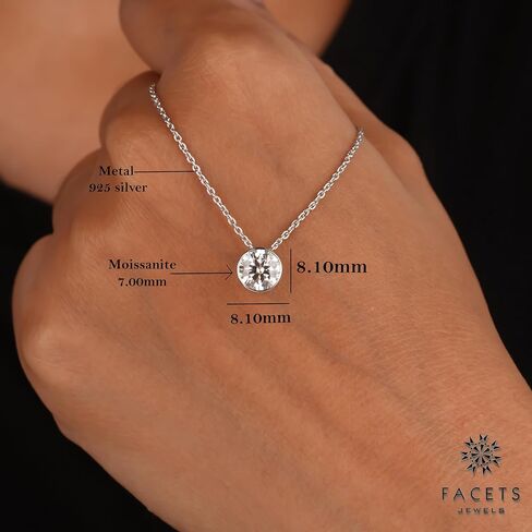 FACETS JEWELS 7.00 MM 1.20 Carat Round Cut Full White Moissanite Diamond Necklace 18'' Inch Adjustable Chain Necklace Pendants for Women in 925 Sterling Silver Gold Plated in Kuwait