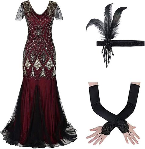 ODOLDI Women's Long Flapper Dresses 1920s Gatsby Vintage Sequins Fringe Cocktail Evening Maxi Dress with 20s Accessories Set in Kuwait