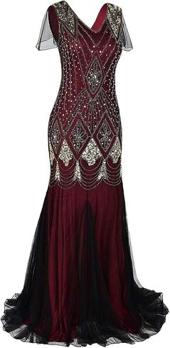 ODOLDI Women's Long Flapper Dresses 1920s Gatsby Vintage Sequins Fringe Cocktail Evening Maxi Dress with 20s Accessories Set in Kuwait