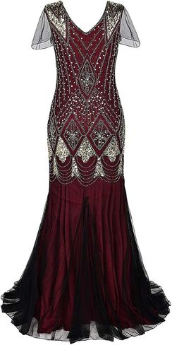 ODOLDI Women's Long Flapper Dresses 1920s Gatsby Vintage Sequins Fringe Cocktail Evening Maxi Dress with 20s Accessories Set in Kuwait