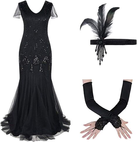 ODOLDI Women's Long Flapper Dresses 1920s Gatsby Vintage Sequins Fringe Cocktail Evening Maxi Dress with 20s Accessories Set in Kuwait