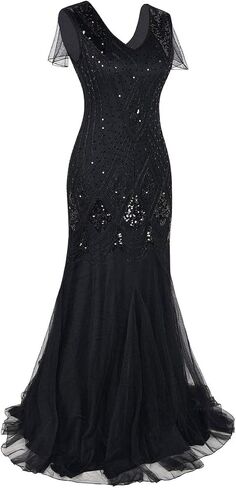 ODOLDI Women's Long Flapper Dresses 1920s Gatsby Vintage Sequins Fringe Cocktail Evening Maxi Dress with 20s Accessories Set in Kuwait