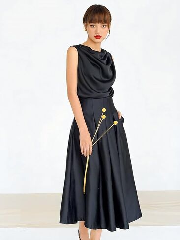 تنورة طويلة للسيدات من wearVAST بخصر عالٍ ومتوسطة الطول على شكل حرف A ومتوهجة وطويلة بطيات in Kuwait