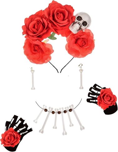 DreamLily Day of the dead Headpiece Red Rose skull Flower Crown Costume NC24 in Kuwait