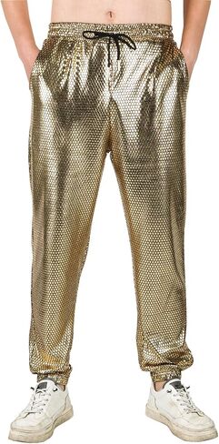 Akkad Kuti Mens Metallic Pants Disco Outfit Drawstring Waistband Rave Trousers Sequin Joggers with Pockets in Saudi Arabia