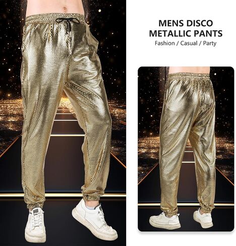 Akkad Kuti Mens Metallic Pants Disco Outfit Drawstring Waistband Rave Trousers Sequin Joggers with Pockets in Saudi Arabia
