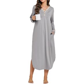 Vrtige Women's Button V Neck Long Sleeve Nightgown Flowy Hem Nightdress Sleepwear with Pocket