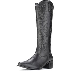IUV Cowboy Boots For Women Knee High Western Cowgirl Boots Snip Toe Side Zipper Chunky Heel