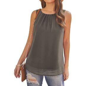 AWULIFFAN Tank Tops for Women Sleeveless Round Neck Tops Casual Pleated Double Layers Chiffon Blouse Shirts