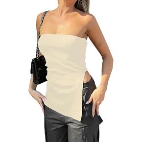 Lauweion Women's Strapless Knit Bandeau Tube Top Asymmetrical Slit Hem Solid Slim Fitted Y2K Sexy Going Out Tank Bustier in Kuwait