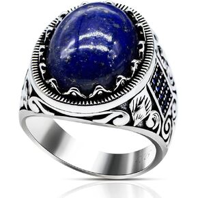 KOOYIN Men Ring in Sterling Silver, Large Turquoise Lapis Ring with Jewelry Box, Turkish Handmade Oval Biker Ring, Vintage Gemstone Statement Band Birthday Christmas Birthstone Man Fine Gift in Saudi Arabia