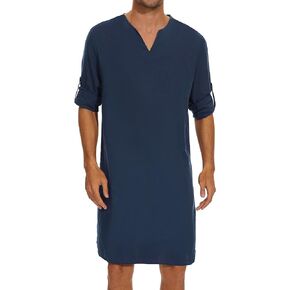 TURETRENDY Men's V-Neck Kaftan Robe Long Sleeve Casual Thobe Side Split Gown Shirt