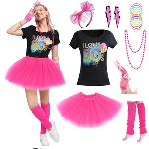 Sincere Party Women's 80s Costume Set Cotton T-Shirt,Pants,Tutus,Leg Warmers,Gloves,Necklace,Bracelets,Headband,Earrings