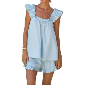 Sotimoon Womens Summer Pajama Sets 2 Piece Outfits Ruffle Trim Cami Top and Shorts Cotton Loungewear Set