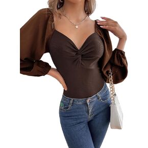 LovelyWholesale إمرأة مثير الخامس الرقبة تويست عقدة ارتداءها نفخة كم طويل مضلع متماسكة يوتار القمم in Kuwait