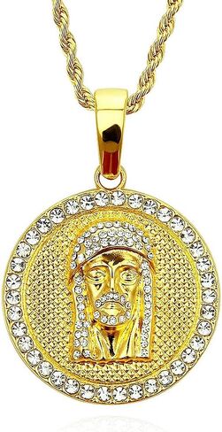 Disc Carved Jesus Pendant Necklace Twist Chain for Men Boys,Exquisite Craftsmanship Round Necklace 18K Gold Plated Iced Out Bling Face Charm Necklace,Hip Hop Jewelry Gifts in Saudi Arabia