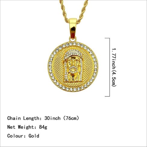 Disc Carved Jesus Pendant Necklace Twist Chain for Men Boys,Exquisite Craftsmanship Round Necklace 18K Gold Plated Iced Out Bling Face Charm Necklace,Hip Hop Jewelry Gifts in Saudi Arabia
