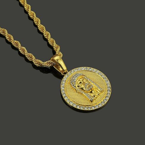 Disc Carved Jesus Pendant Necklace Twist Chain for Men Boys,Exquisite Craftsmanship Round Necklace 18K Gold Plated Iced Out Bling Face Charm Necklace,Hip Hop Jewelry Gifts in Saudi Arabia