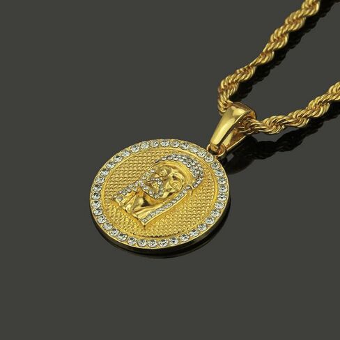 Disc Carved Jesus Pendant Necklace Twist Chain for Men Boys,Exquisite Craftsmanship Round Necklace 18K Gold Plated Iced Out Bling Face Charm Necklace,Hip Hop Jewelry Gifts in Saudi Arabia