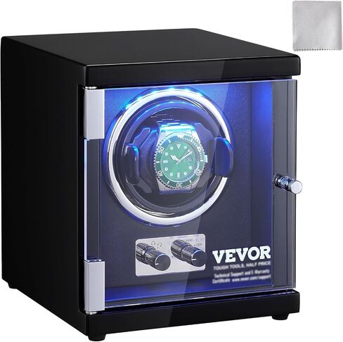 VEVOR Watch Winder للساعة الأوتوماتيكية، مع محرك Mabuchi الياباني فائق الهدوء، وإضاءة LED زرقاء ومحول، وهيكل لوحي عالي الكثافة وPU أسود in Saudi Arabia