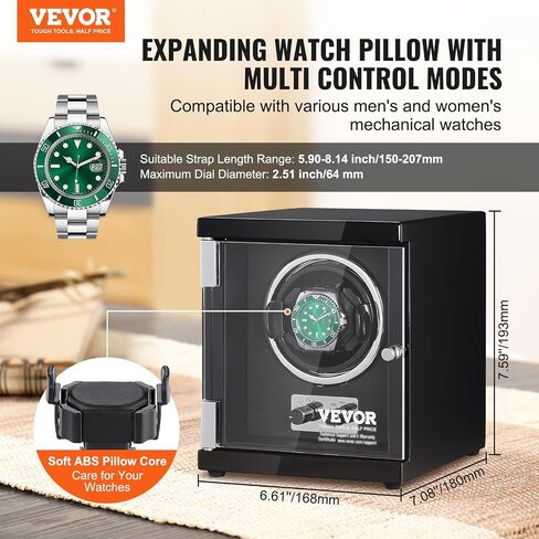 VEVOR Watch Winder للساعة الأوتوماتيكية، مع محرك Mabuchi الياباني فائق الهدوء، وإضاءة LED زرقاء ومحول، وهيكل لوحي عالي الكثافة وPU أسود in Saudi Arabia