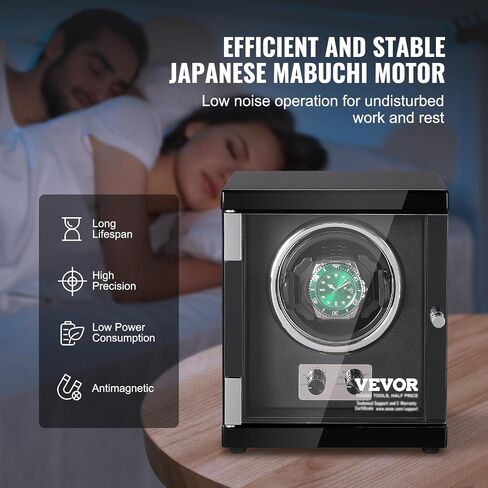 VEVOR Watch Winder للساعة الأوتوماتيكية، مع محرك Mabuchi الياباني فائق الهدوء، وإضاءة LED زرقاء ومحول، وهيكل لوحي عالي الكثافة وPU أسود in Saudi Arabia