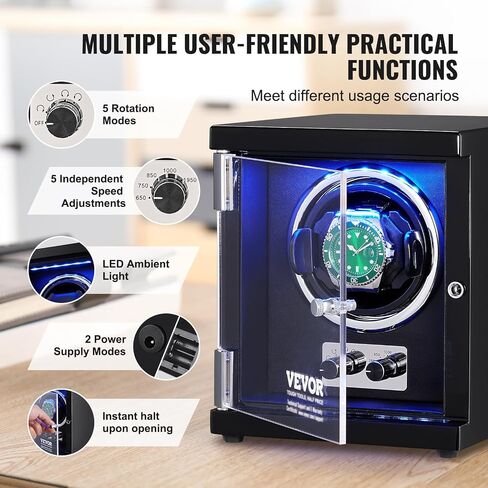 VEVOR Watch Winder للساعة الأوتوماتيكية، مع محرك Mabuchi الياباني فائق الهدوء، وإضاءة LED زرقاء ومحول، وهيكل لوحي عالي الكثافة وPU أسود in Saudi Arabia