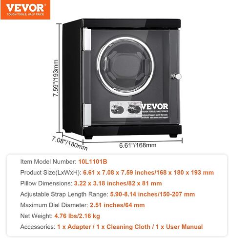 VEVOR Watch Winder للساعة الأوتوماتيكية، مع محرك Mabuchi الياباني فائق الهدوء، وإضاءة LED زرقاء ومحول، وهيكل لوحي عالي الكثافة وPU أسود in Saudi Arabia