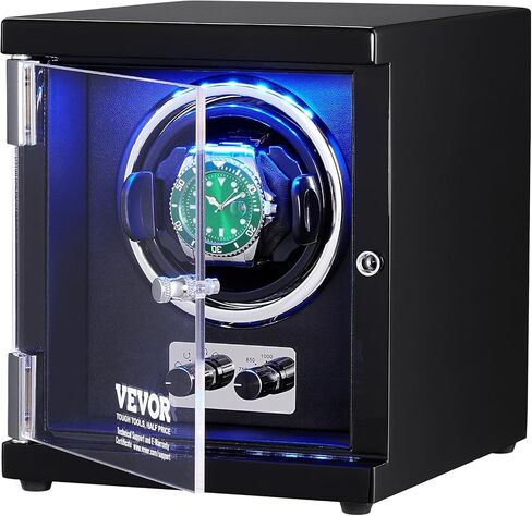 VEVOR Watch Winder للساعة الأوتوماتيكية، مع محرك Mabuchi الياباني فائق الهدوء، وإضاءة LED زرقاء ومحول، وهيكل لوحي عالي الكثافة وPU أسود in Saudi Arabia