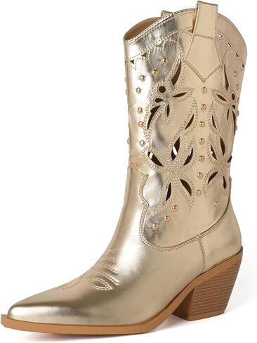 TAEPUSR المرأة أحذية كاوبوي مطرزة كعب كتلة مكتنزة الأحذية الغربية جوفاء أشار تو رصع الأحذية in Kuwait