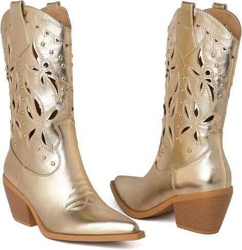 TAEPUSR المرأة أحذية كاوبوي مطرزة كعب كتلة مكتنزة الأحذية الغربية جوفاء أشار تو رصع الأحذية in Kuwait