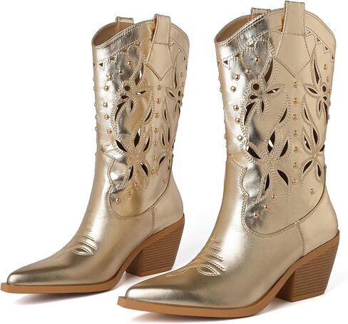 TAEPUSR المرأة أحذية كاوبوي مطرزة كعب كتلة مكتنزة الأحذية الغربية جوفاء أشار تو رصع الأحذية in Kuwait