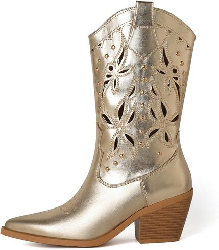 TAEPUSR المرأة أحذية كاوبوي مطرزة كعب كتلة مكتنزة الأحذية الغربية جوفاء أشار تو رصع الأحذية in Kuwait