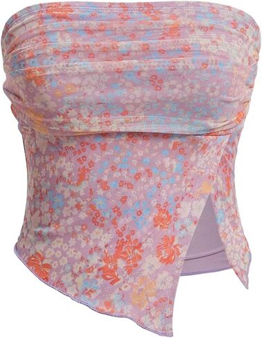 Milumia Women Floral Mesh Strapless Ruched Tube Top Split Hem Sleeveless Bandeau Crop Tops in Saudi Arabia