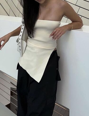 Lauweion Women's Strapless Knit Bandeau Tube Top Asymmetrical Slit Hem Solid Slim Fitted Y2K Sexy Going Out Tank Bustier in Kuwait