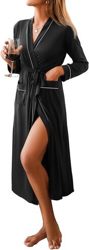 Ekouaer Women Kimono Robes Full Length Knit Bathrobe Lightweight Soft Sleepwear V-neck Casual Ladies Loungewear S-XXL in Kuwait