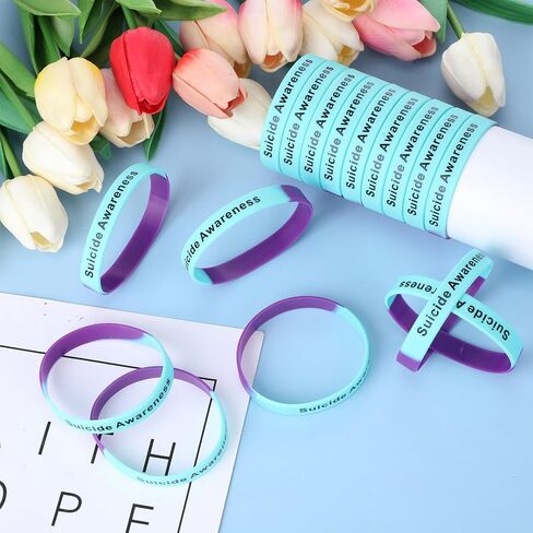 Syhood 100 Pcs Suicide Prevention Awareness Wristband Bracelet Purple Blue Silicone Suicide Prevention Wristband Unisex Size Stretch Suicide Awareness Bracelets for Women Men Teen, Silicone, no in Kuwait